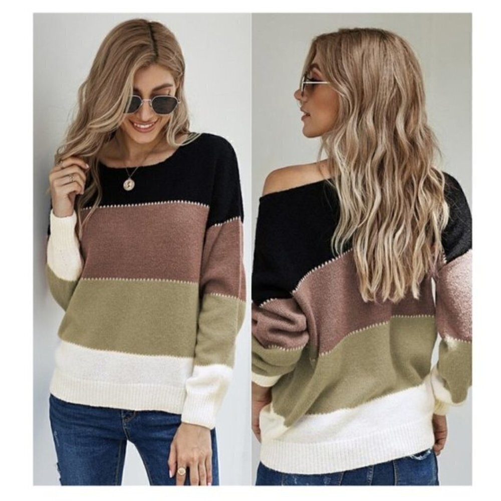 Black brown Round neck Colorblock sweater light weight